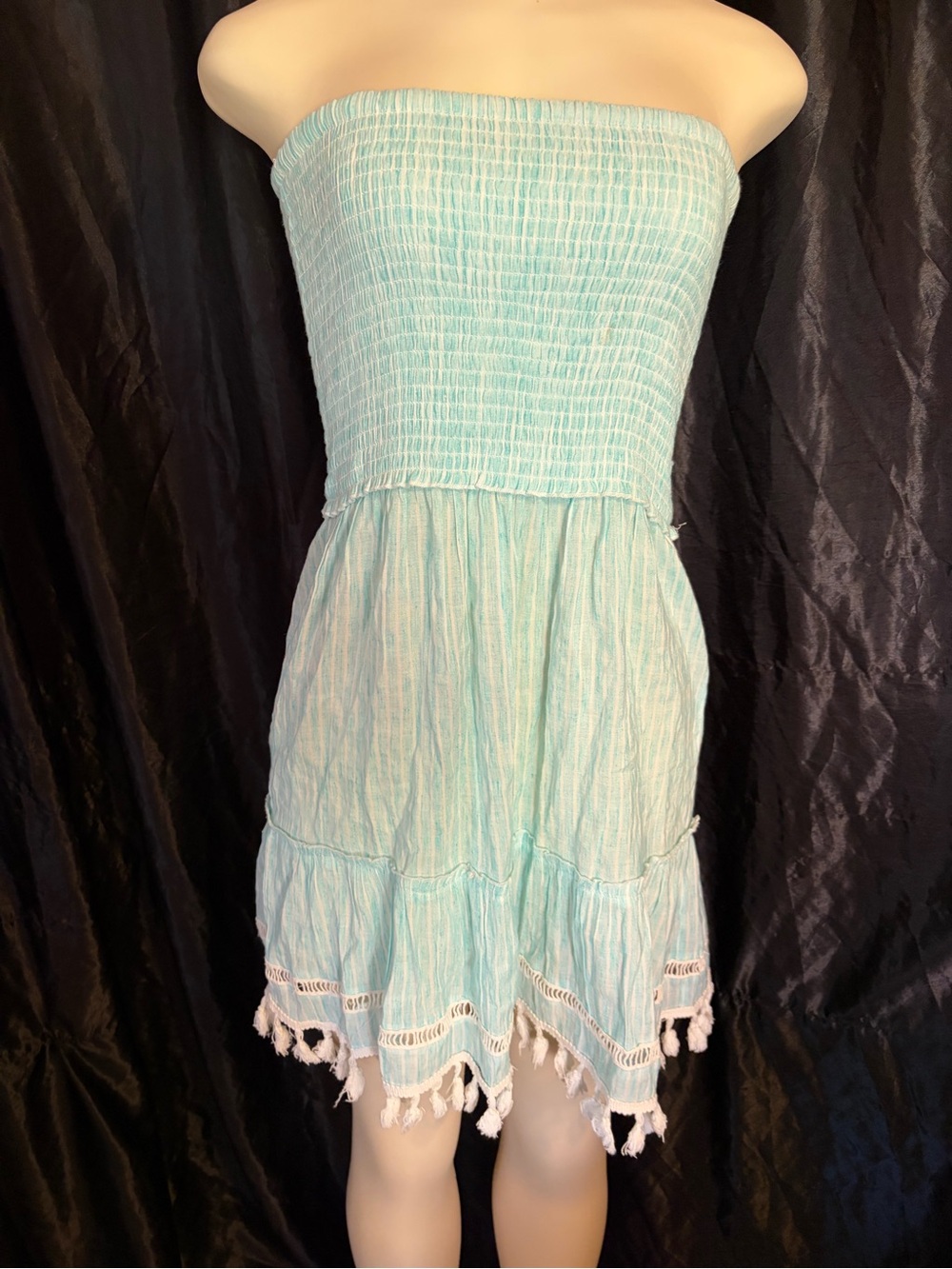 blue island Strapless Light Aqua Smocked Tiered Dress with Tassels
